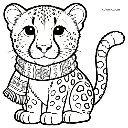 A cute cartoon cheetah sitting upright and wearing a patterned holiday scarf, drawn in simple black and white line art.