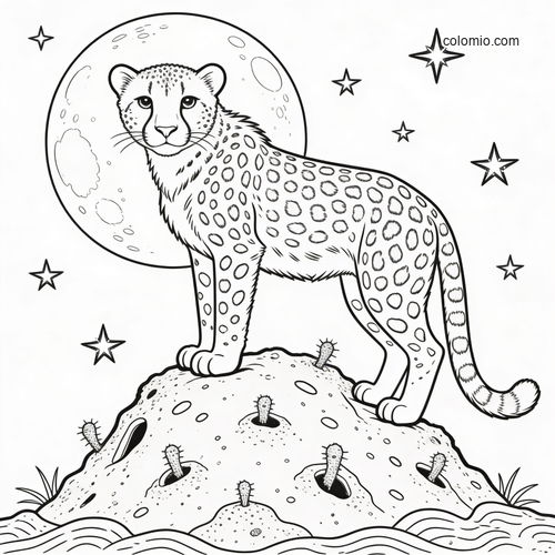 A spotted cheetah stands on a termite mound under a large moon, with stars in the sky in a clean line art style.