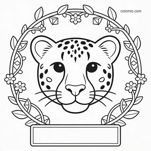 Black-and-white coloring page of a cute cheetah face centered inside a floral leaf wreath with a blank quote banner below.