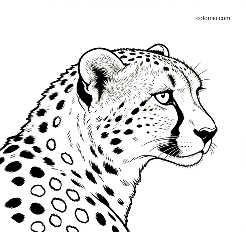 Black-and-white realistic close-up portrait of a cheetah in side profile, showing detailed spots, fur texture, and facial markings.