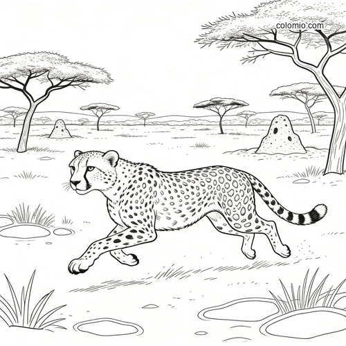 A running cheetah crosses an open savanna panorama with acacia trees, grass tufts, and termite mounds in line art.