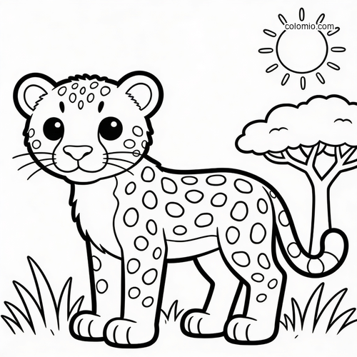 A simple cartoon cheetah standing in grass with a tree and sun, drawn in bold black outlines for easy coloring.