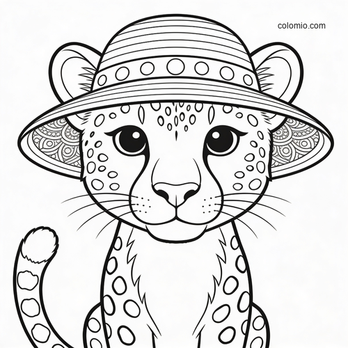 A cute cartoon cheetah sitting upright and wearing a wide sun hat, shown in a simple black-and-white line art style.