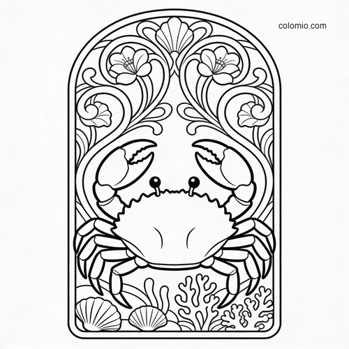 En krabba i mitten av en jugendinspirerad ram med böljande blommönster, snäckor och koraller i svart kontur. En krabba i mitten av en jugendinspirerad ram med böljande blommönster, snäckor och koraller i svart kontur.