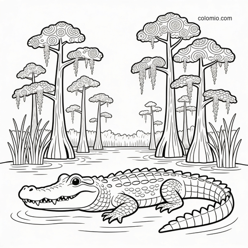 Black-and-white coloring page of an alligator resting in shallow water with cypress trees and marsh grass in an Everglades scene.