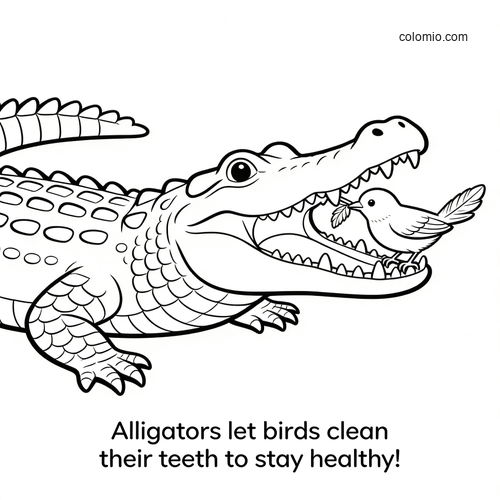 A cartoon alligator with its mouth open while a small bird stands inside, shown in a simple black-and-white outline.