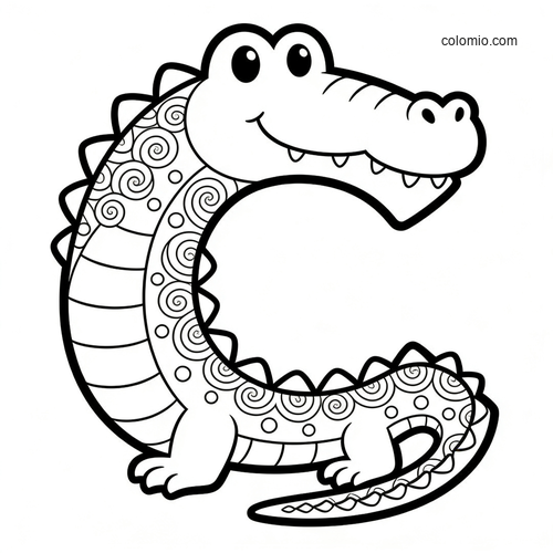 A large letter C formed by a smiling cartoon crocodile with spiral and dot patterns across its body in black and white.