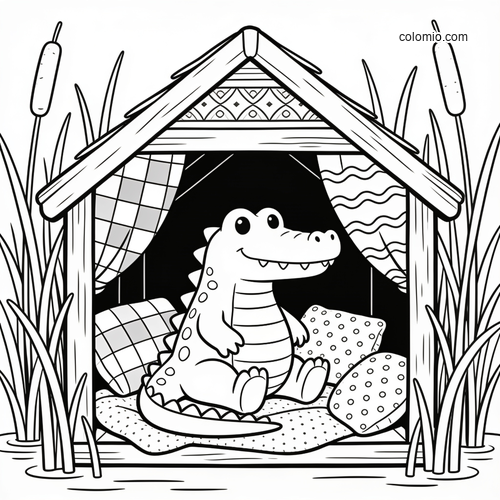 A cute cartoon crocodile sits on cushions inside a small marsh cabin, surrounded by reeds and cattails in black and white.
