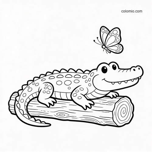 A cute cartoon crocodile resting on a log with a butterfly above it, drawn in simple black and white outline style.