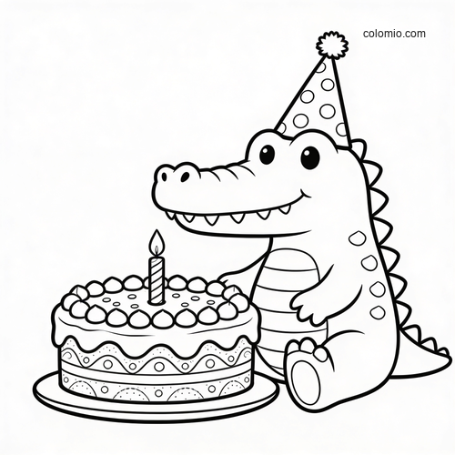 A cute cartoon crocodile wearing a party hat sits beside a birthday cake with one candle in a simple black-and-white outline.