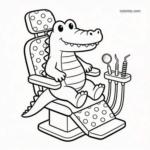 A cute cartoon crocodile sitting in a dentist chair with dental tools beside it, drawn in simple black and white line art.