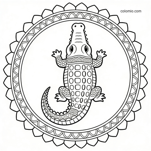 A front-facing cartoon crocodile with patterned scales centered inside a circular mandala-style decorative frame.