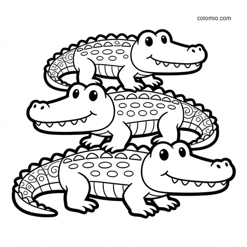 Three cute cartoon crocodiles stacked in a pyramid pile, drawn in simple black and white line art.