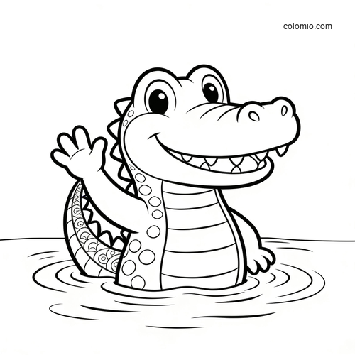 A friendly cartoon crocodile waves with one hand while standing in shallow water, drawn in a simple black-and-white style.