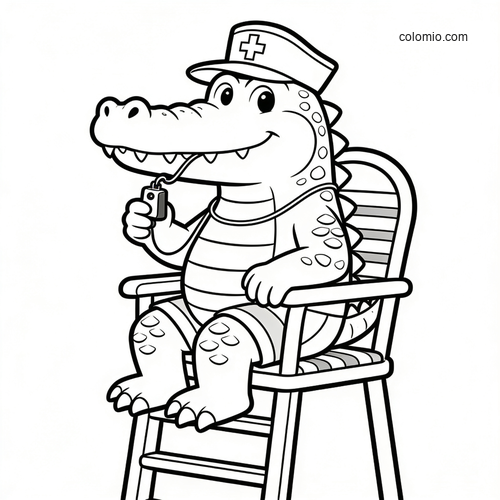 A cute cartoon crocodile lifeguard sitting in a tall chair, wearing a hat and blowing a whistle in black and white line art.