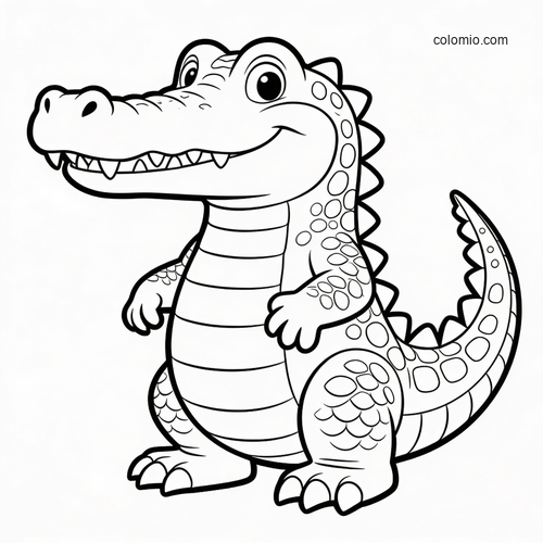 A cute cartoon crocodile standing upright with a big smile, rounded eyes, scales, and a curved tail in simple line art.