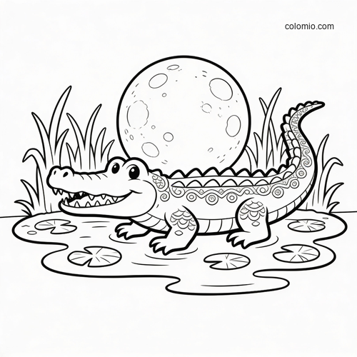 A cute cartoon crocodile in a swamp with lily pads, tall grass, and a large full moon behind it.