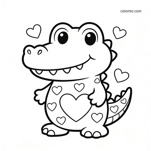 A cute cartoon baby alligator standing upright with a big heart on its belly and small hearts around it.