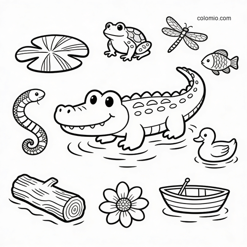 Black-and-white coloring page of a cute crocodile in a swamp with hidden objects like a frog, duck, fish, boat, flower, and log.