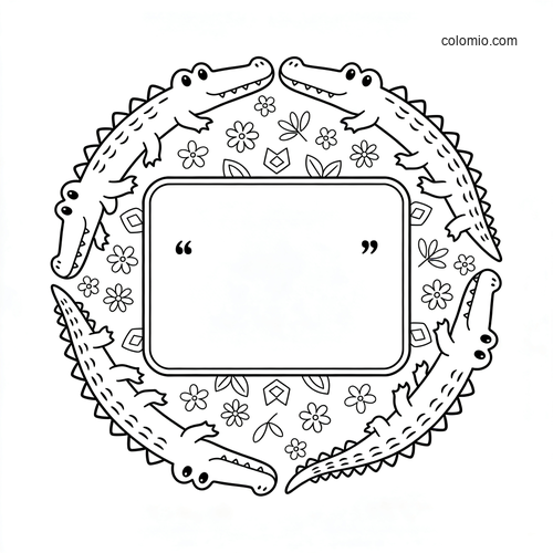 Black-and-white coloring page with four cartoon crocodiles forming a circular wreath around a quote box and small flowers.