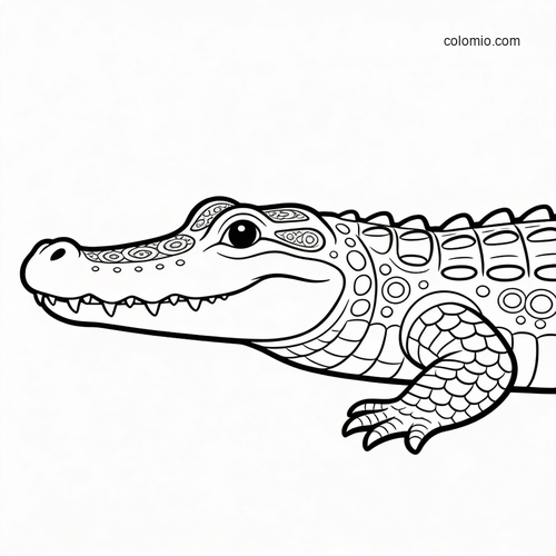 A black-and-white crocodile shown in side profile with detailed scales, patterned head markings, and a large visible eye.