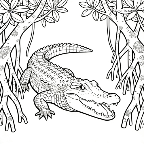 A saltwater crocodile with open mouth stands among mangrove roots and leaves in a detailed black-and-white line drawing.