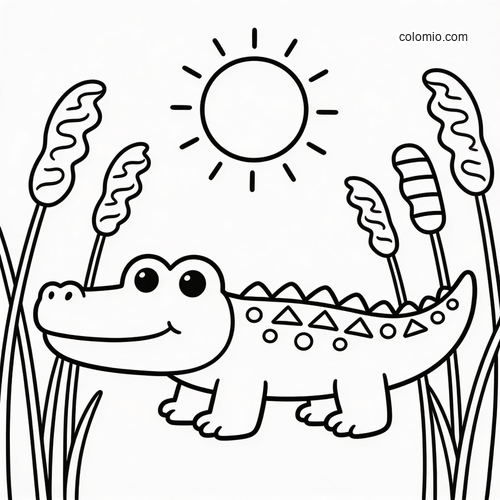 A simple cartoon crocodile standing among tall reeds under a bright sun, drawn in bold black outlines.
