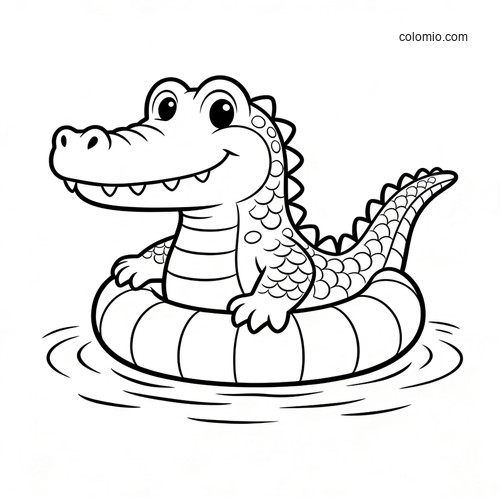 A cute cartoon crocodile sitting in a striped float ring on water, drawn in simple black-and-white line art.