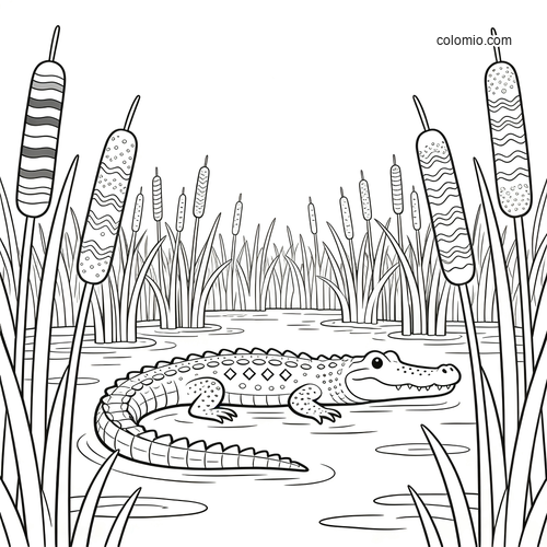 A crocodile resting in shallow swamp water, surrounded by tall reeds and cattails in a simple black-and-white scene.