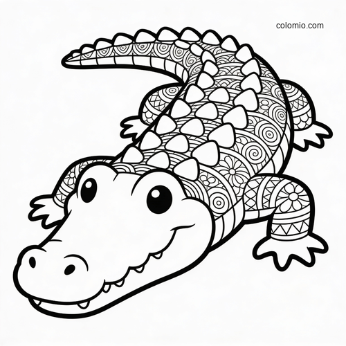 A cute cartoon crocodile with large eyes and detailed zentangle scale patterns across its back, tail, and legs.