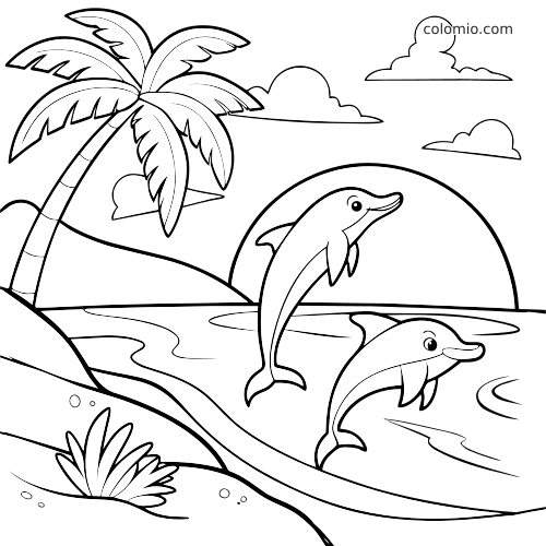 To delfiner hopper i vannet ved en strand i solnedgang, med palme, skyer og enkle tegneserieaktige konturer.