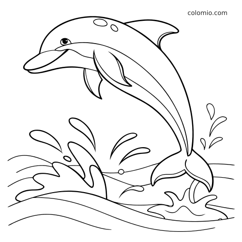 En tegnet delfin hopper over vann med sprut rundt, vist i en enkel svart-hvitt-strektegning for fargelegging.