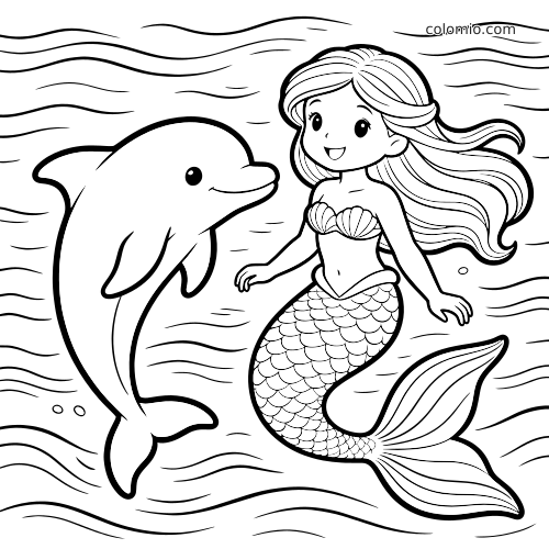 En delfin svømmer ved siden av en smilende havfrue med langt bølgende hår og skjellhale under vann.