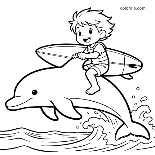 En tegnet delfin hopper over bølger mens et smilende barn sitter på ryggen og holder et surfebrett.