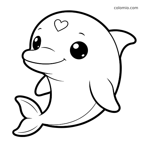 En kawaii-delfin med store øyne og et lite hjerte på hodet, tegnet i en enkel tegneseriestil.