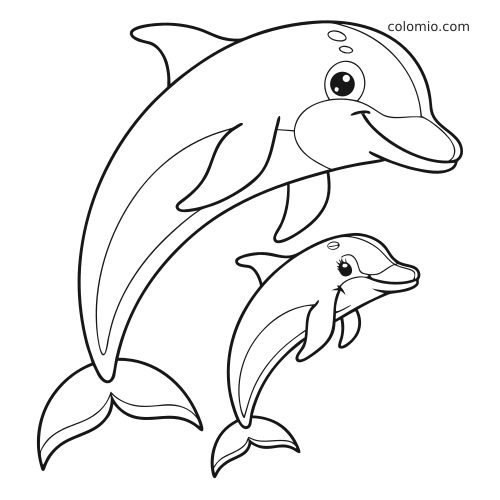 Et tegnet fargeleggingsark som viser en smilende delfinmor og en delfinunge med store øyne og avrundede former.