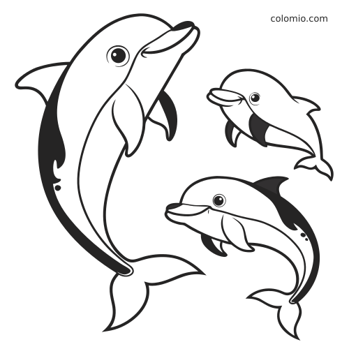 Tre lekne tegneseriedelfiner med store øyne og enkle, avrundede former svømmer sammen på bildet.