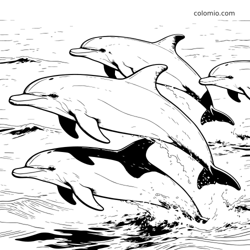 Et detaljert svart-hvitt motiv av en flokk delfiner som svømmer og hopper gjennom bølger i havet.