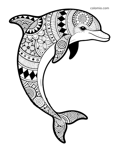 En delfin i detaljert zentangle-stil, dekket av tette blomster-, spiral- og geometriske mønstre over kroppen.