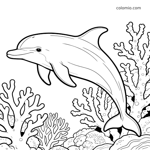 En detaljert delfin svømmer i sidevisning gjennom et korallrev, omgitt av forgrenede koraller og steiner.