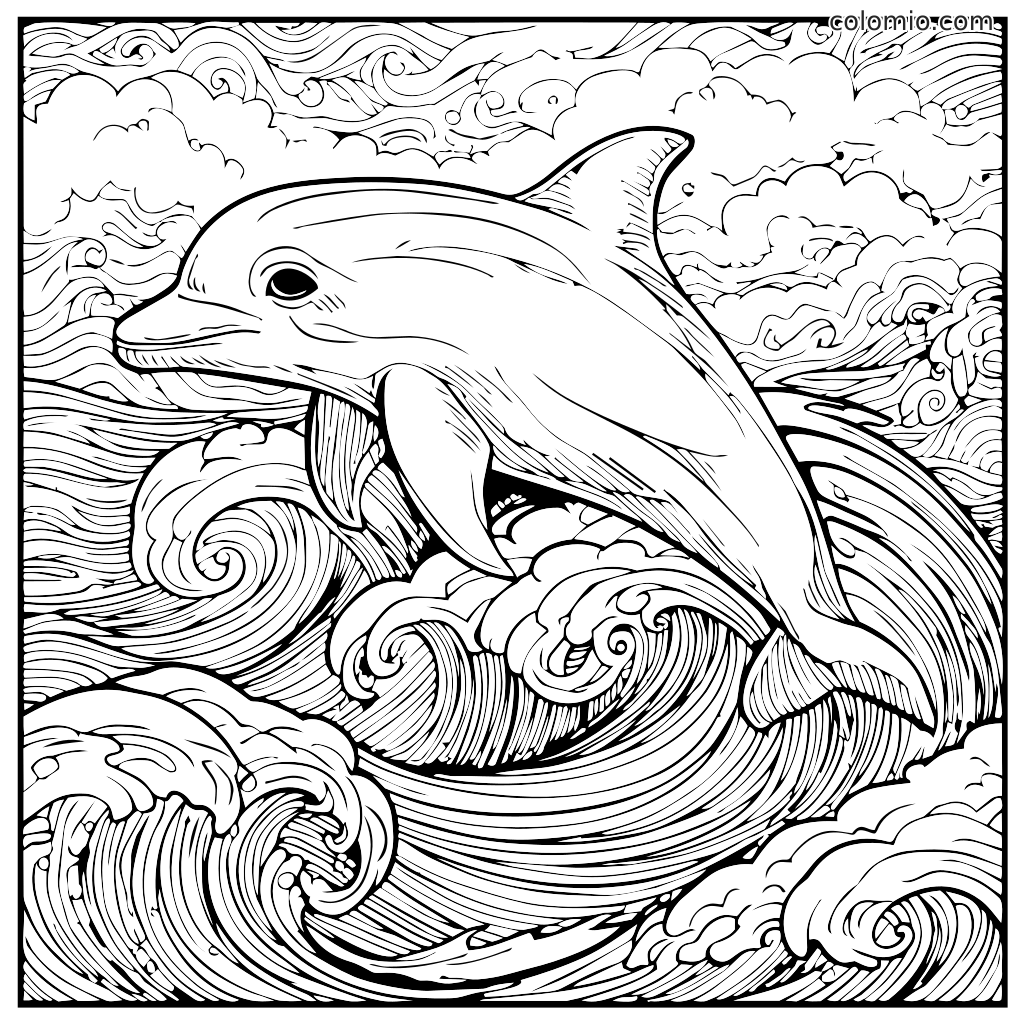 Delfiini hyppää pyörivien meriaaltojen läpi, suunniteltu väritettäväksi.