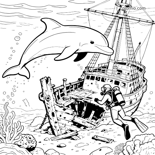 En delfin svømmer over et skipsvrak mens en dykker utforsker vraket på havbunnen i en detaljert svart-hvitt-scene.