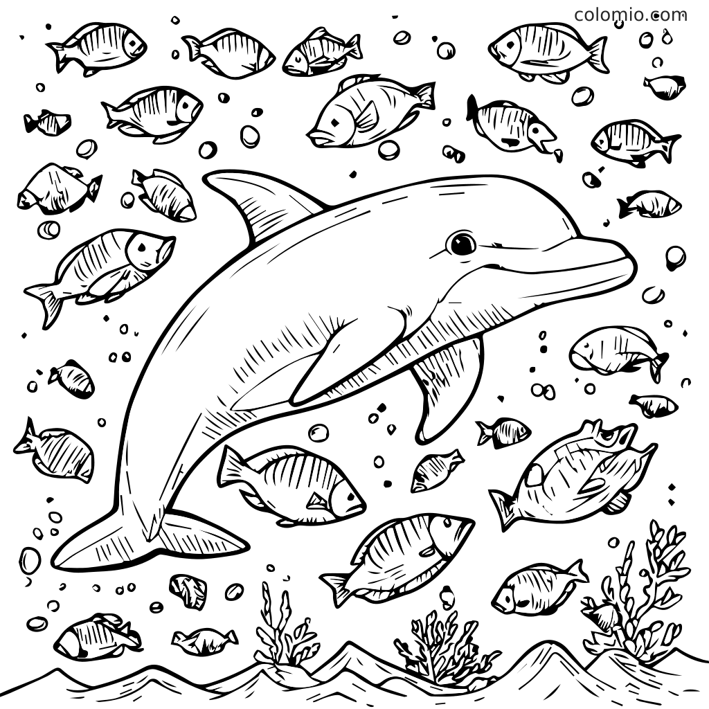 Un dauphin nageant entouré de divers poissons et bulles dans l'océan, conçu pour le coloriage.