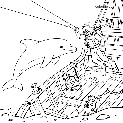 En smilende delfin svømmer ved siden av en dykker som lyser med lommelykt over et sunket skipsvrak i strektegning.