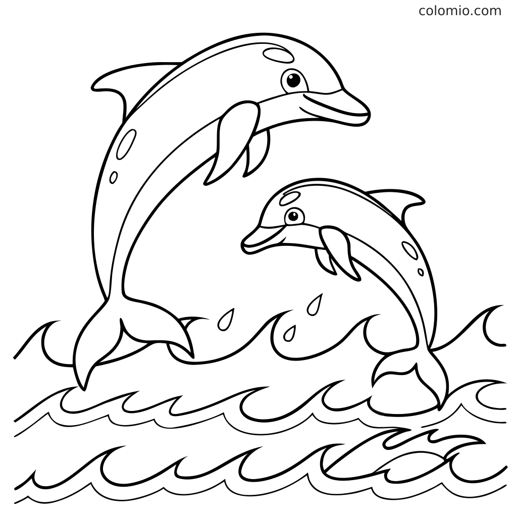 Dwa delfiny wyskakują nad falami oceanu na prostej czarno-białej kolorowance z rozpryskami wody i wyraźnymi konturami.