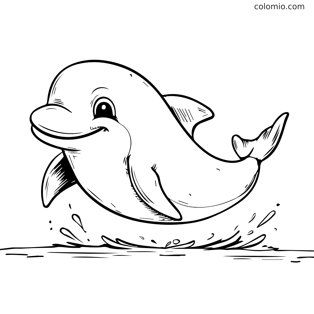 En glad delfin springer op af vandet, omgivet af sprøjt.