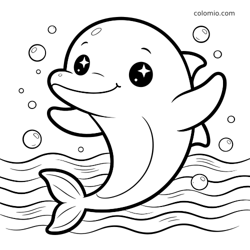 En kawaii-delfin med store glitrende øyne svømmer over bølgende vannlinjer, omgitt av bobler i enkel tegneseriestil.