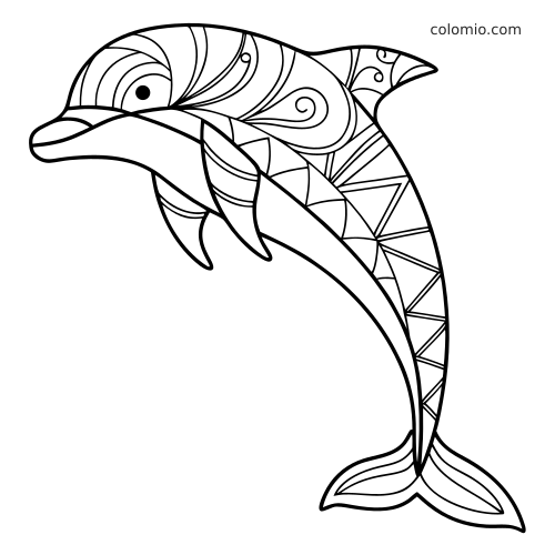 En delfin i enkel zentangle-stil med buet kropp, tydelig omriss og åpne felt fylt med virvler og geometriske former.