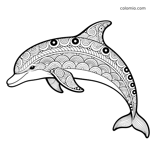 Svart-hvitt illustrasjon av en hoppende delfin med zentangle-mønstre, spiraler, sirkler og felter til fargelegging.