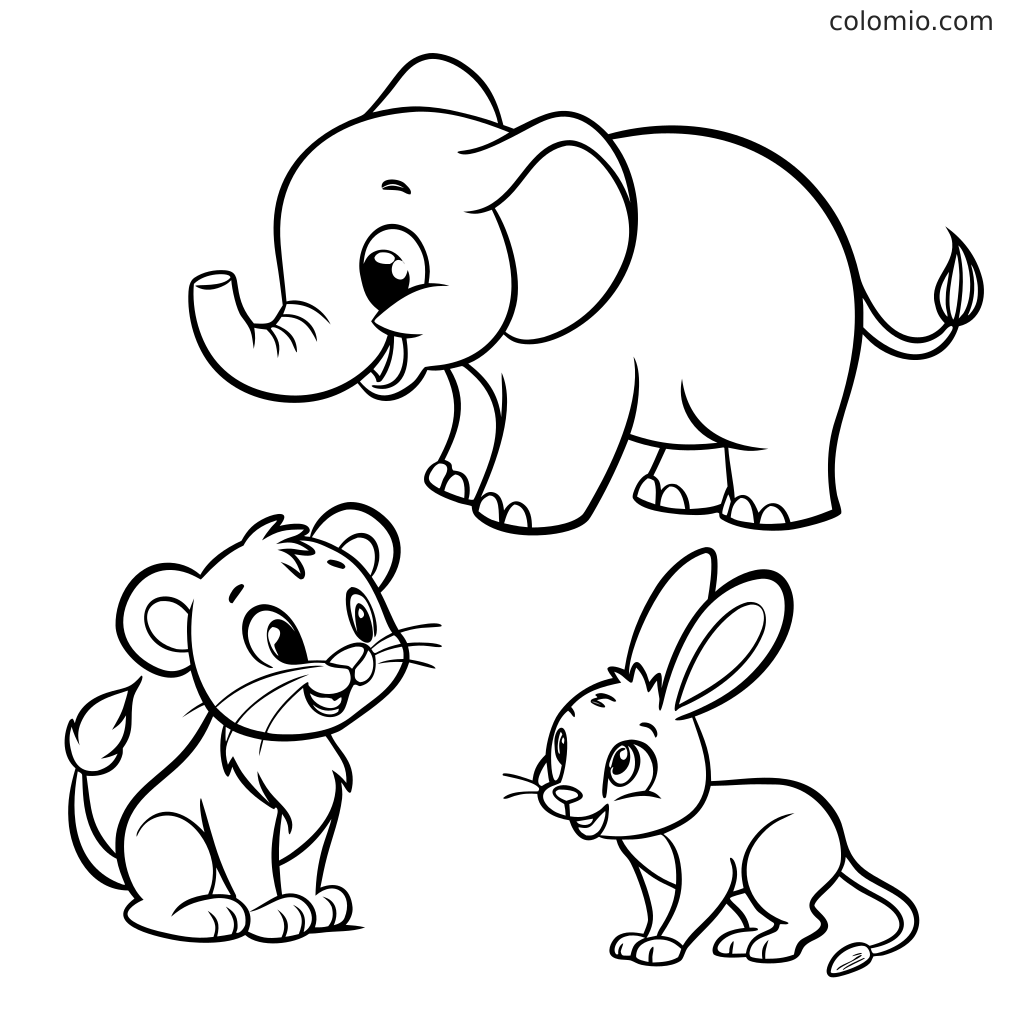 Black and white coloring page showing an elephant above a lion cub and a rabbit, drawn with simple cartoon outlines.